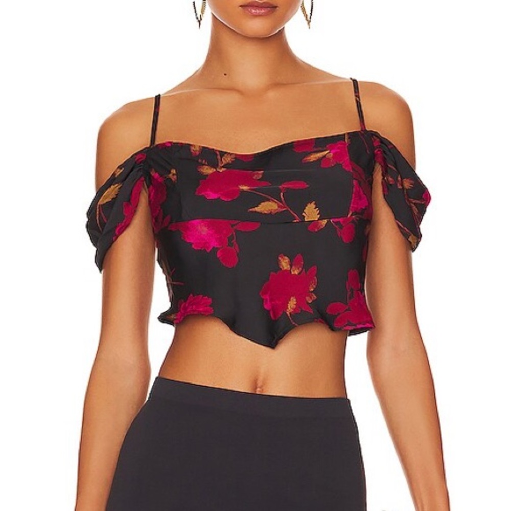 Free People Black Floral Off-Shoulder Crop Top with Pink Flowers